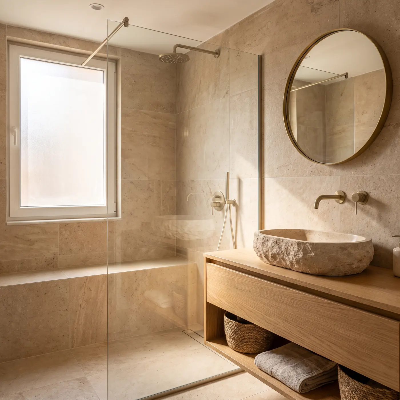 Taş görünümlü fayanslı, ahşap lavabo dolaplı ve cam duşlu banyo