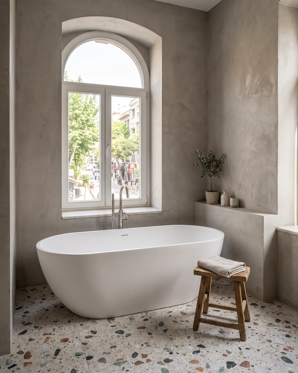 Kemerli pencere önünde serbest küvetli, terrazzo zeminli banyo