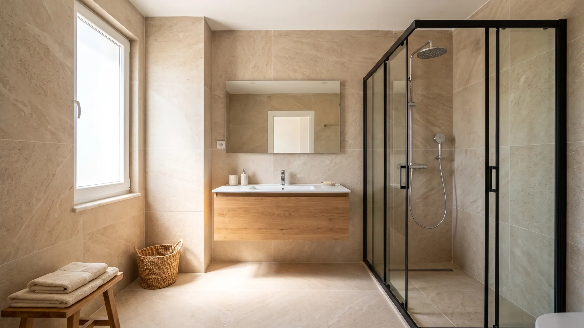 Bej taş görünümlü fayanslı, siyah çerçeveli duşakabinli yenilenmiş banyo