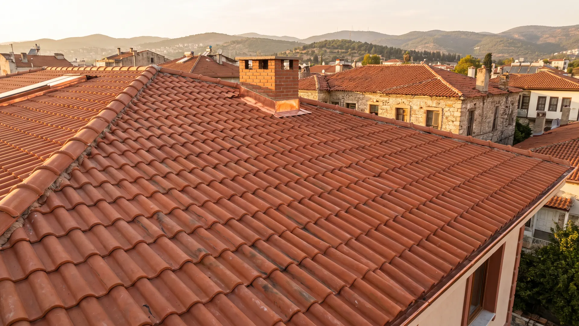 Tepelere bakan, kiremitleri yenilenmiş apartman çatısı
