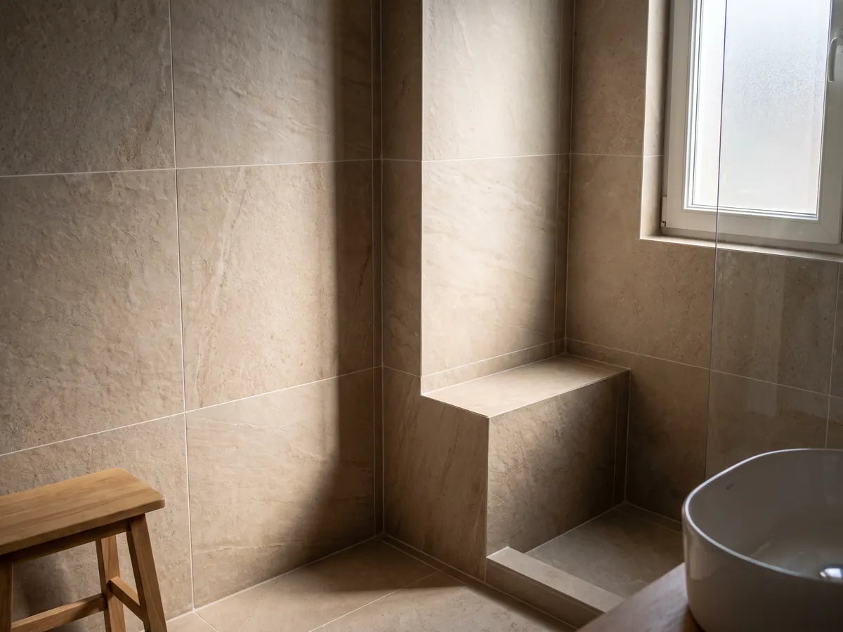 Taş görünümlü fayansla kaplanmış banyo duvarı ve oturma basamağı