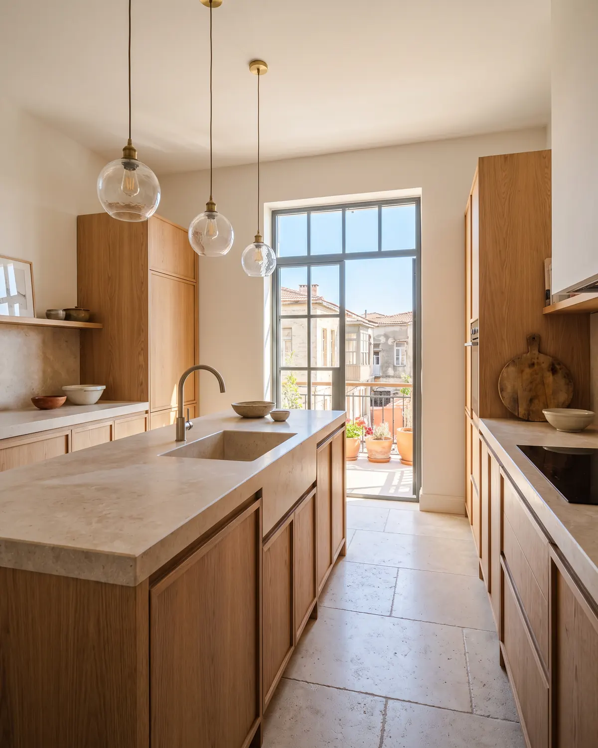 Taş adalı, ahşap dolaplı ve balkon kapılı mutfak